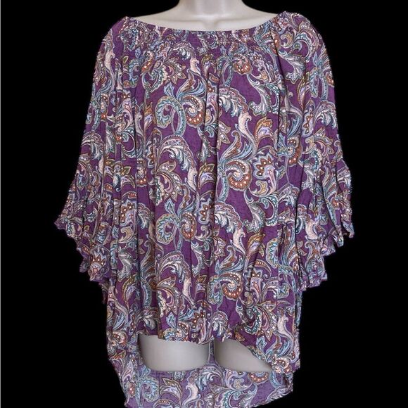 Cato silky soft elastic collar Blouse ruffles bell sleeves in Purple and Pink - Picture 1 of 6
